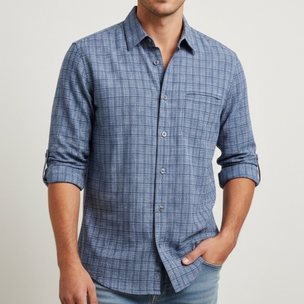 JOHN VARVATOS Blue Plaid Roll Tab Button Down Shirt